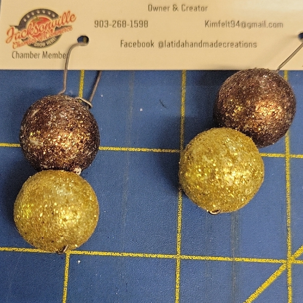 La Ti Da Handmade Creations Glitter Styrofoam Ball 1.5" Earrings Gold Brown